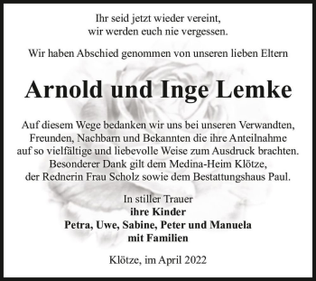Traueranzeige von Arnold und Inge Lemke  von Magdeburger Volksstimme