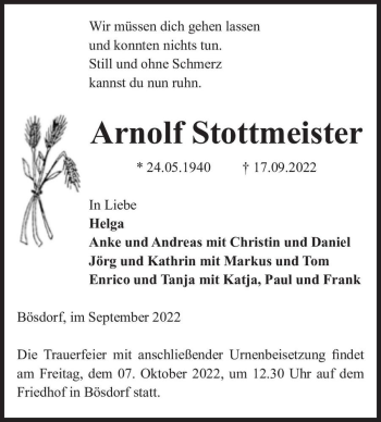 Traueranzeige von Arnolf Stottmeister  von Magdeburger Volksstimme
