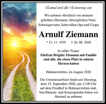 Traueranzeige von Arnulf Ziemann  von Magdeburger Volksstimme