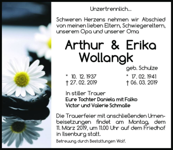 Traueranzeige von Arthur & Erika Wollangk  von Magdeburger Volksstimme