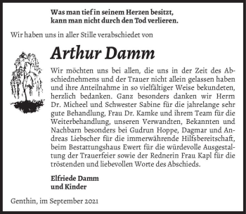 Traueranzeige von Arthur Damm  von Magdeburger Volksstimme