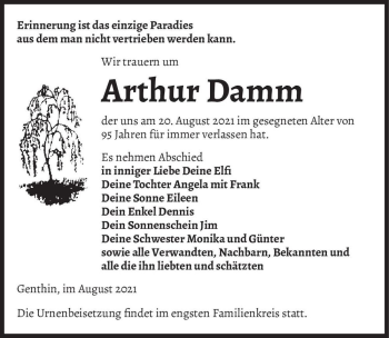 Traueranzeige von Arthur Damm  von Magdeburger Volksstimme