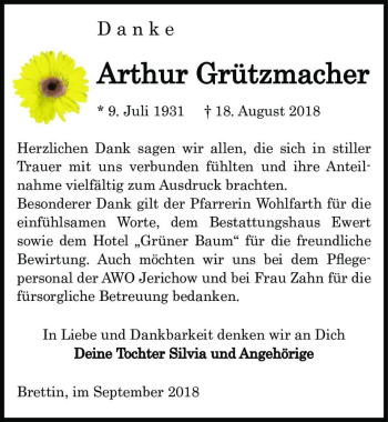 Traueranzeige von Arthur Grützmacher  von Magdeburger Volksstimme