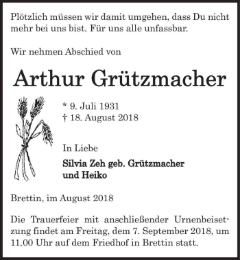 Traueranzeige von Arthur Grützmacher  von Magdeburger Volksstimme