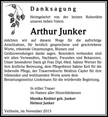 Traueranzeige von Arthur Junker  von Magdeburger Volksstimme