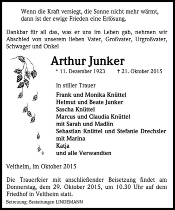 Traueranzeige von Arthur Junker  von Magdeburger Volksstimme