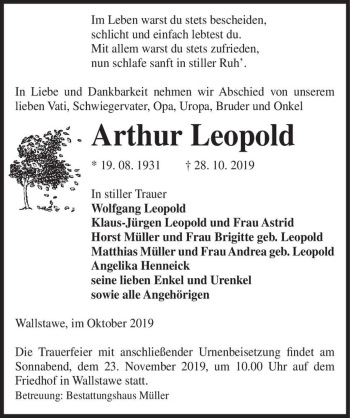 Traueranzeige von Arthur Leopold  von Magdeburger Volksstimme