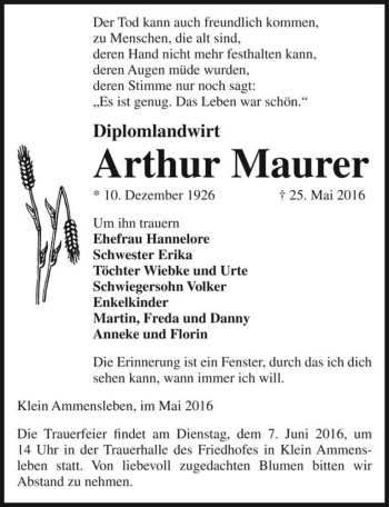 Traueranzeige von Arthur Maurer  von Magdeburger Volksstimme