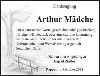 Traueranzeige von Arthur Mädche  von Magdeburger Volksstimme