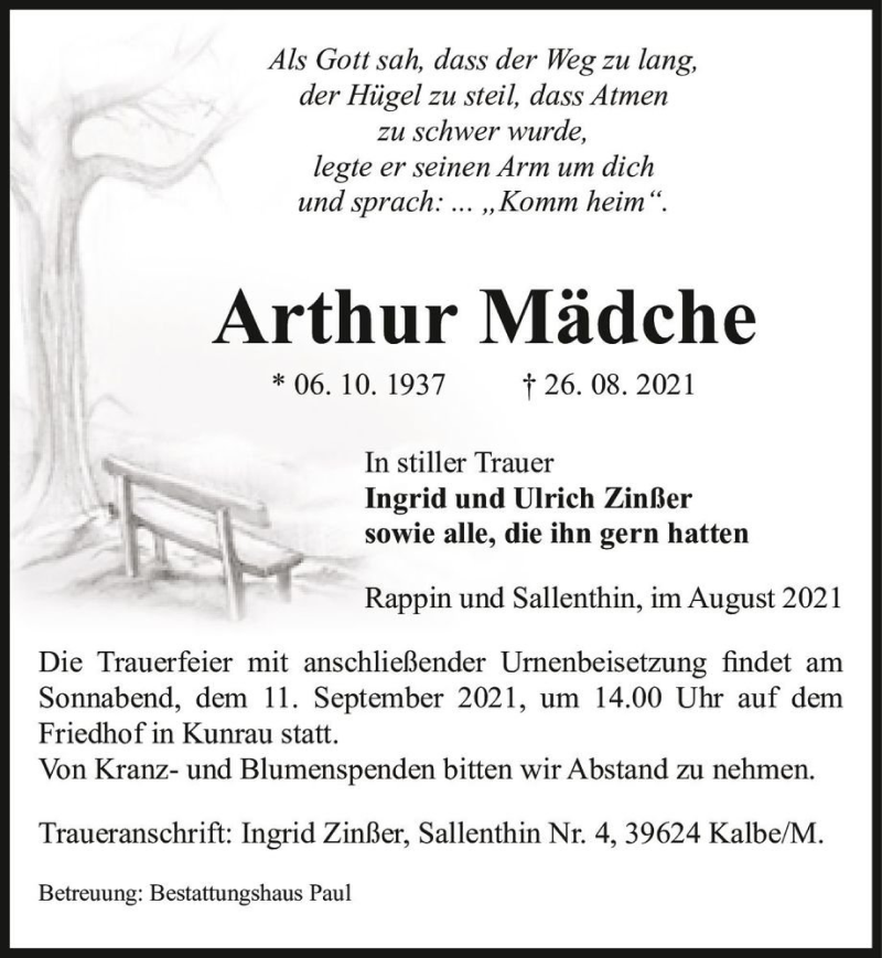 Traueranzeige für Arthur Mädche  vom 01.09.2021 aus Magdeburger Volksstimme