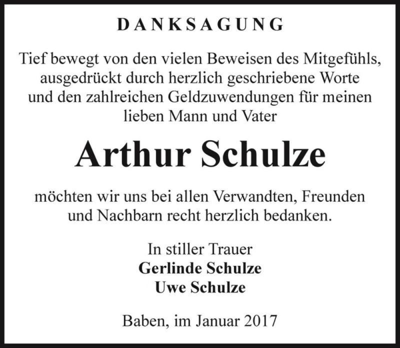  Traueranzeige für Arthur Schulze  vom 21.01.2017 aus Magdeburger Volksstimme