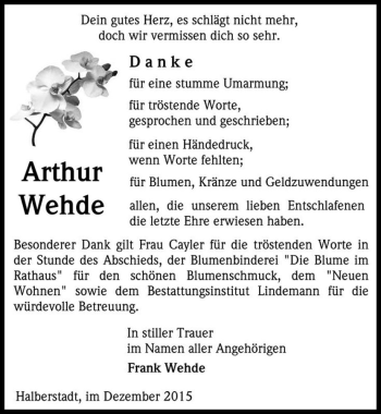 Traueranzeige von Arthur Wehde  von Magdeburger Volksstimme