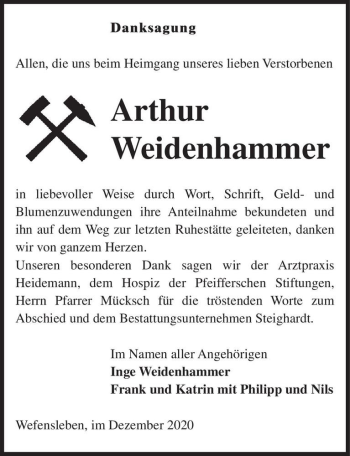 Traueranzeige von Arthur Weidenhammer  von Magdeburger Volksstimme