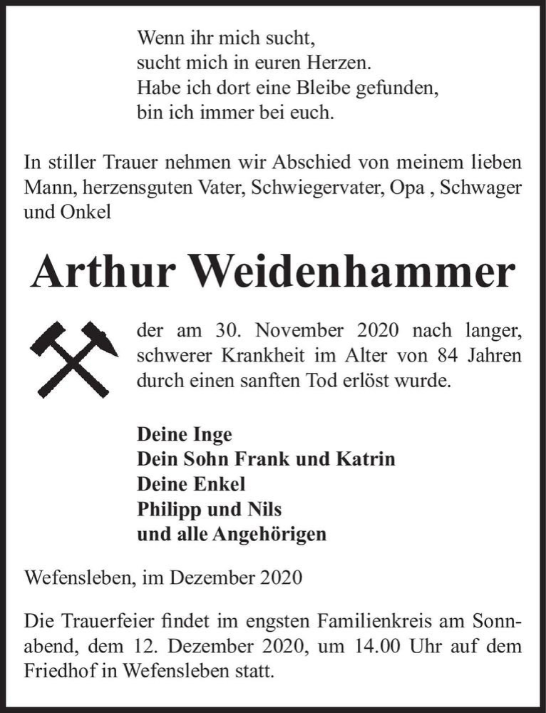  Traueranzeige für Arthur Weidenhammer  vom 05.12.2020 aus Magdeburger Volksstimme