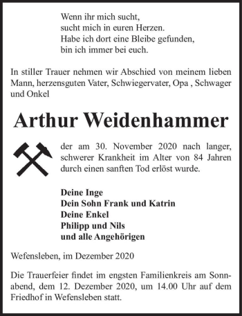 Traueranzeige von Arthur Weidenhammer  von Magdeburger Volksstimme
