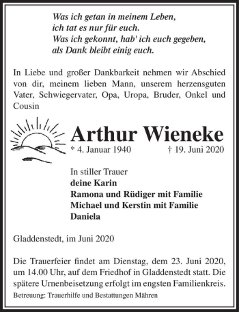 Traueranzeige von Arthur Wienecke  von Magdeburger Volksstimme
