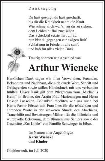 Traueranzeige von Arthur Wieneke  von Magdeburger Volksstimme