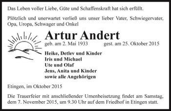 Traueranzeige von Artur Andert  von Magdeburger Volksstimme