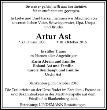 Traueranzeige von Artur Ast  von Magdeburger Volksstimme