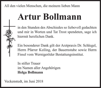 Traueranzeige von Artur Bollmann  von Magdeburger Volksstimme