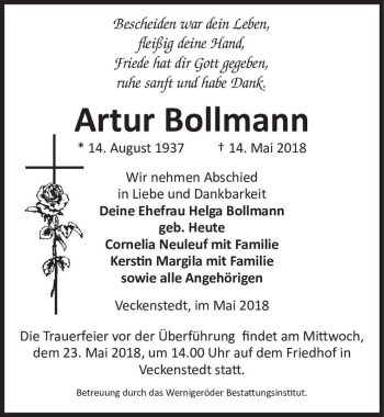 Traueranzeige von Artur Bollmann  von Magdeburger Volksstimme