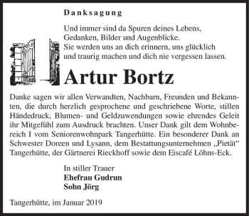 Traueranzeige von Artur Bortz  von Magdeburger Volksstimme