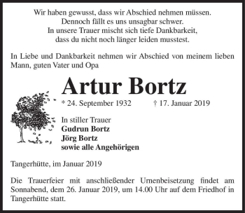 Traueranzeige von Artur Bortz  von Magdeburger Volksstimme