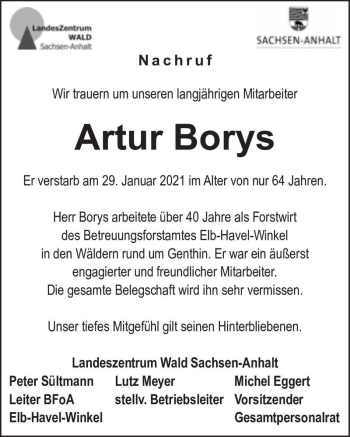 Traueranzeige von Artur Borys  von Magdeburger Volksstimme