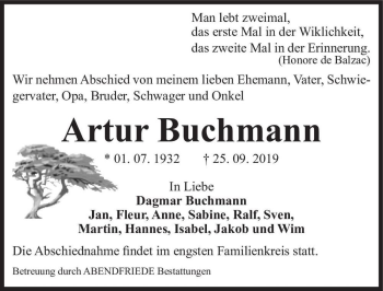 Traueranzeige von Artur Buchmann  von Magdeburger Volksstimme