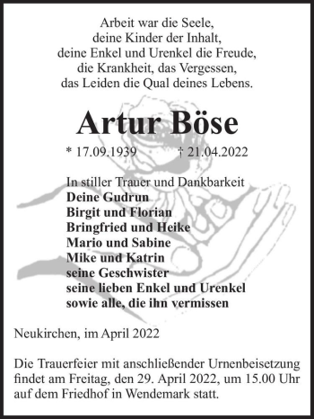 Traueranzeige von Artur Böse  von Magdeburger Volksstimme