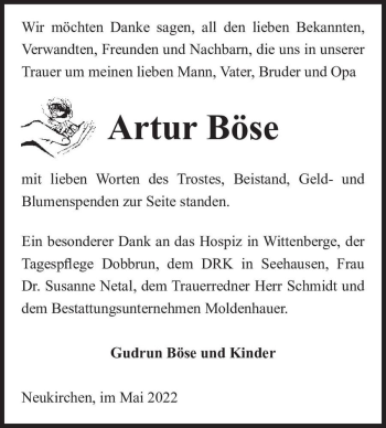 Traueranzeige von Artur Böse  von Magdeburger Volksstimme