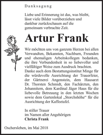 Traueranzeige von Artur Frank  von Magdeburger Volksstimme