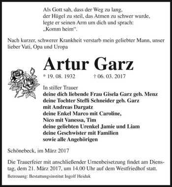Traueranzeige von Artur Garz  von Magdeburger Volksstimme