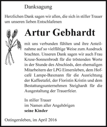 Traueranzeige von Artur Gebhardt  von Magdeburger Volksstimme