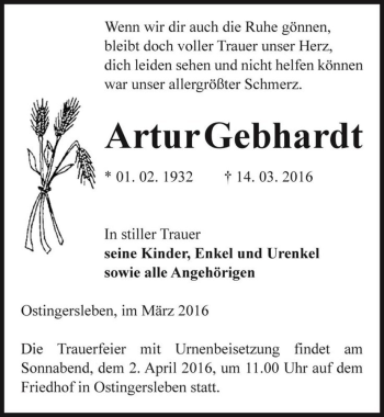 Traueranzeige von Artur Gebhardt  von Magdeburger Volksstimme