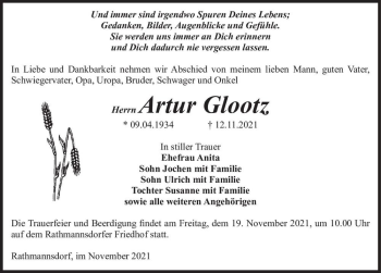 Traueranzeige von Artur Glootz  von Magdeburger Volksstimme