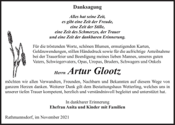 Traueranzeige von Artur Glootz  von Magdeburger Volksstimme