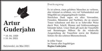 Traueranzeige von Artur Guderjahn  von Magdeburger Volksstimme