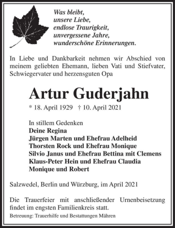 Traueranzeige von Artur Guderjahn  von Magdeburger Volksstimme