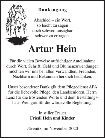 Traueranzeige von Artur Hein  von Magdeburger Volksstimme