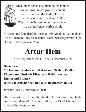 Traueranzeige von Artur Hein  von Magdeburger Volksstimme