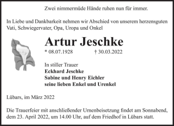 Traueranzeige von Artur Jeschke  von Magdeburger Volksstimme
