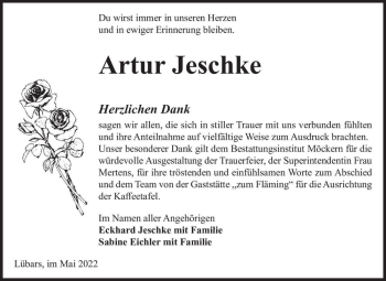 Traueranzeige von Artur Jeschke  von Magdeburger Volksstimme