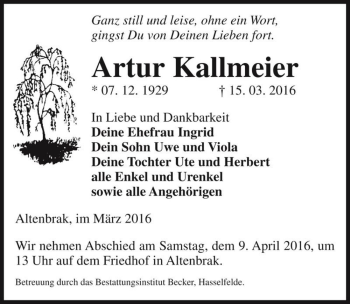 Traueranzeige von Artur Kallmeier  von Magdeburger Volksstimme