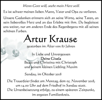 Traueranzeige von Artur Krause  von Magdeburger Volksstimme