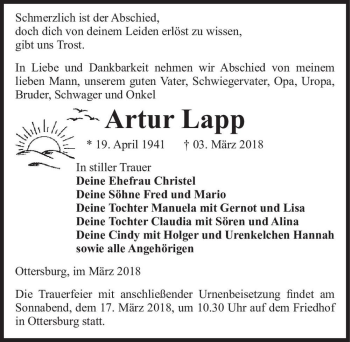Traueranzeige von Artur Lapp  von Magdeburger Volksstimme