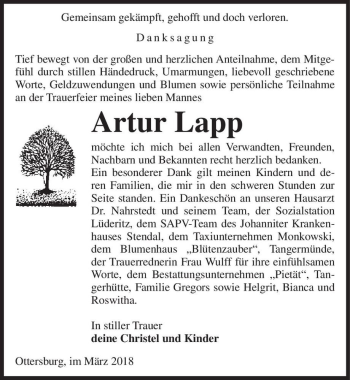 Traueranzeige von Artur Lapp  von Magdeburger Volksstimme