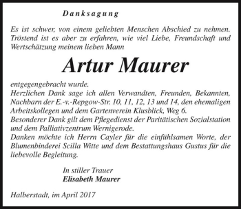 Traueranzeige von Artur Maurer  von Magdeburger Volksstimme