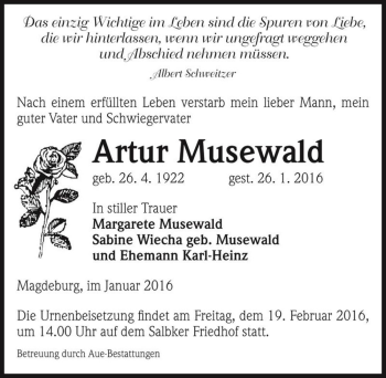 Traueranzeige von Artur Musewald  von Magdeburger Volksstimme