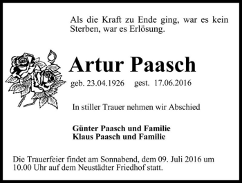 Traueranzeige von Artur Paasch  von Magdeburger Volksstimme